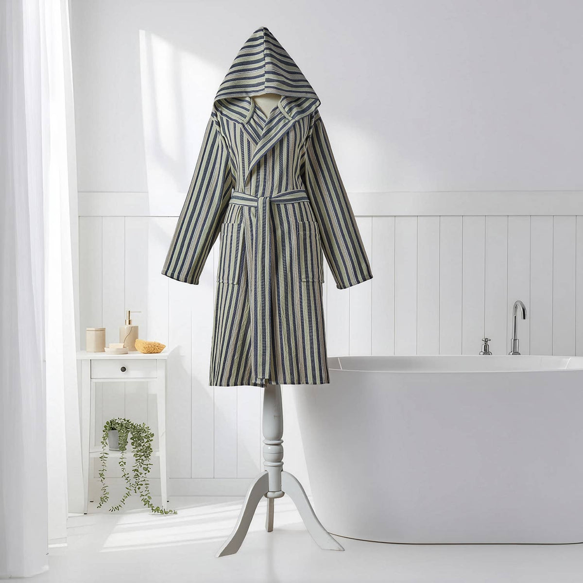 Antique Turkish hooded bathrobe – Olive Stripe | Kikoya