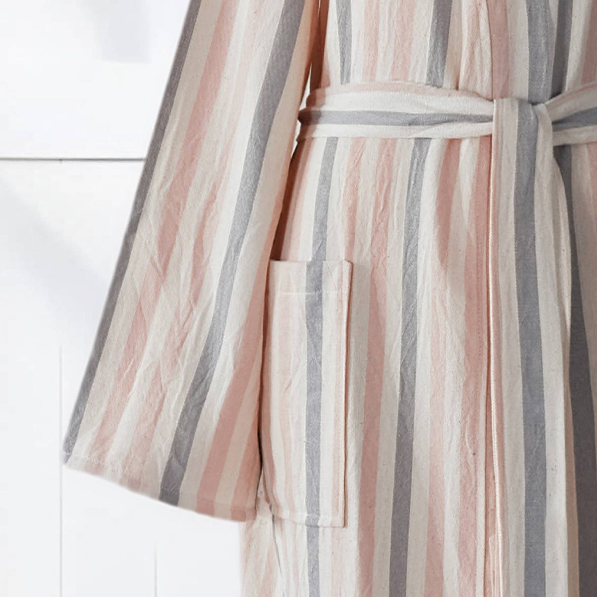 Fine stripe Turkish cotton bathrobe in blush – kimono | Kikoya