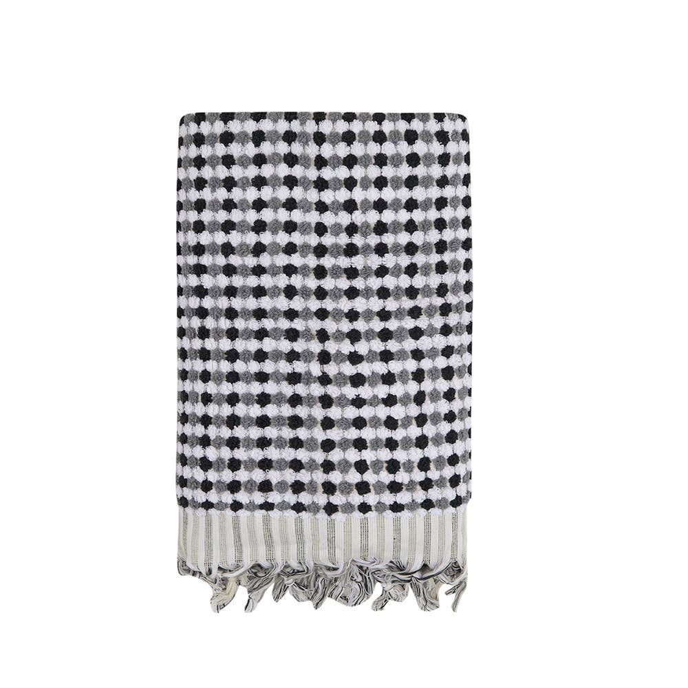 Pompom handloomed Turkish bath towel, 35x68 in, bubble weave with pompom fringe | Kikoya