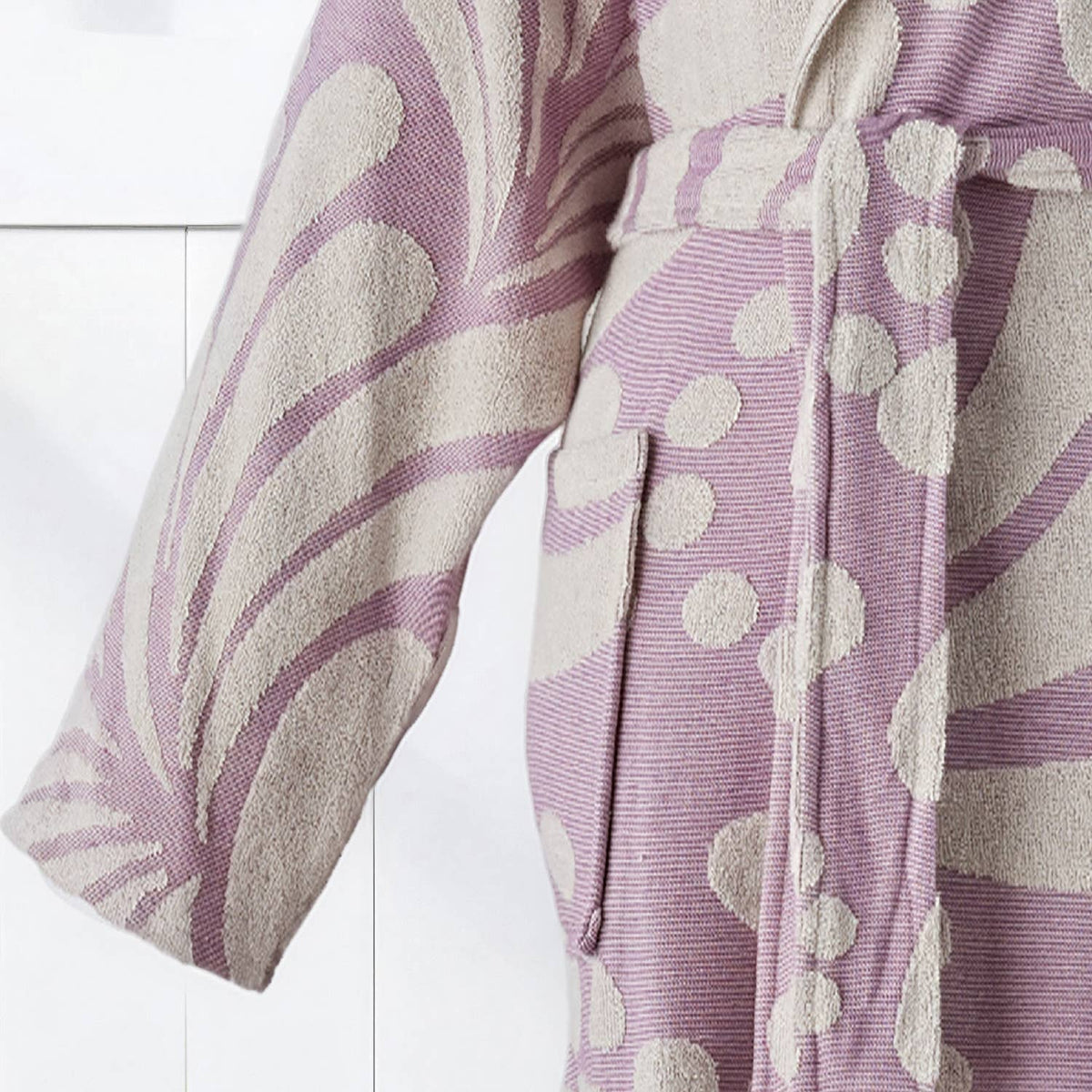 Rio Raised Terry Turkish bathrobe – Ikat Pattern, styled view | Kikoya