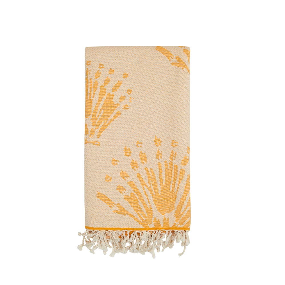 Pearls Turkish towel with coral-sprig jacquard and terry back, 35x70 in | Kikoya