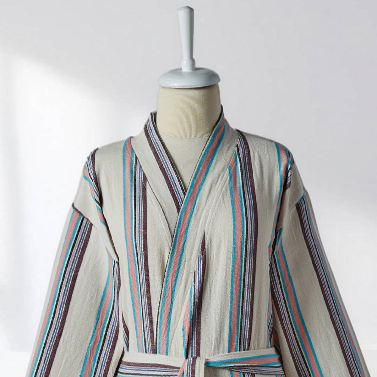 Antique Turkish kimono bathrobe – Cream & Teal Stripe | Kikoya