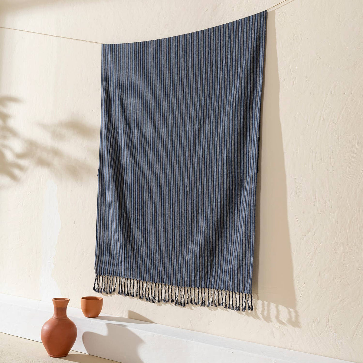 Indigo Melange Stripe peshtemal, knotted fringe detail | Kikoya