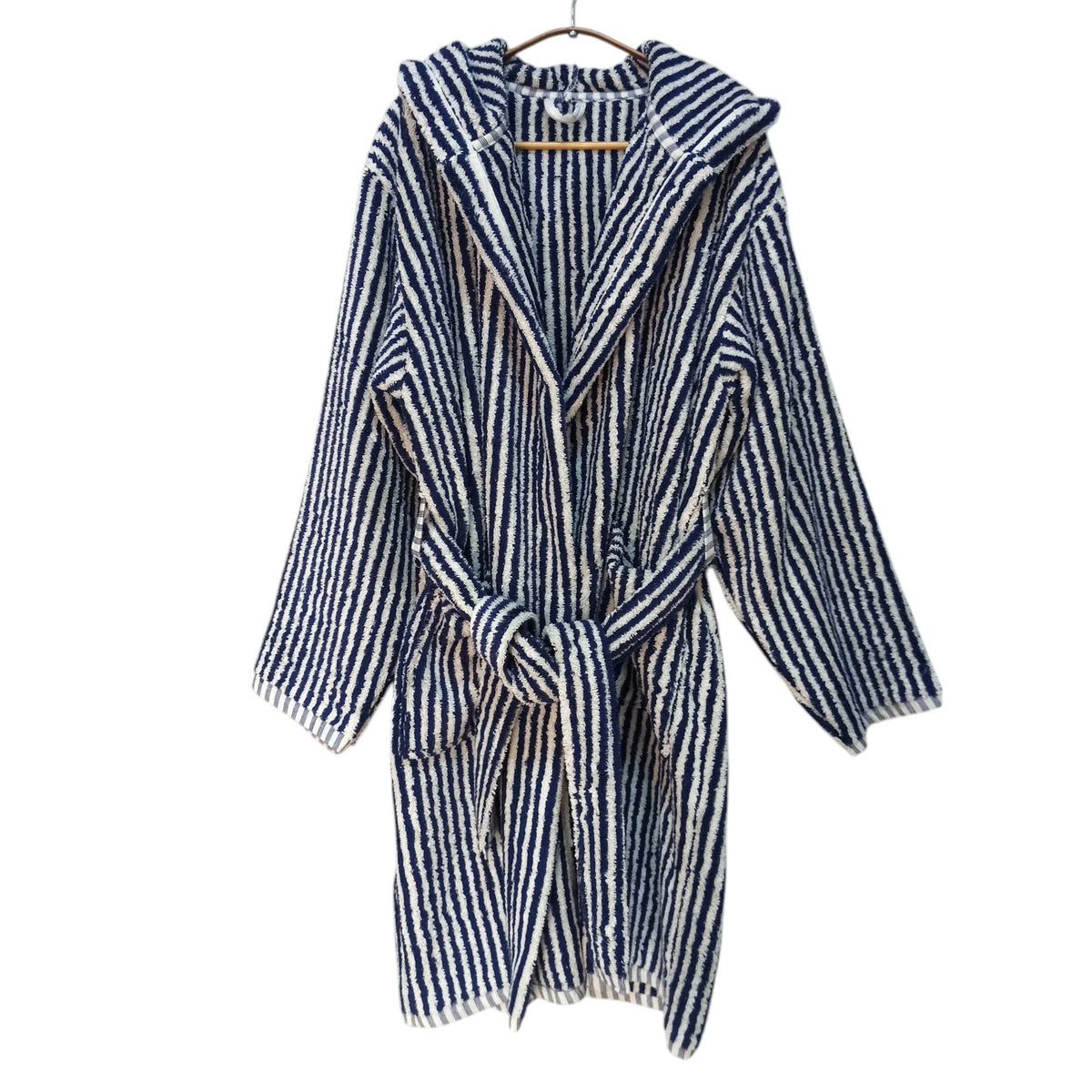 Pompom Turkish bathrobe – Navy & White Stripe, Hooded, hood detail | Kikoya