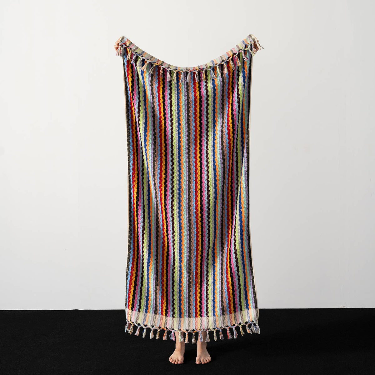 Pompom zigzag Turkish bath towel, 35x68 in, handloomed chevron with pompom fringe | Kikoya