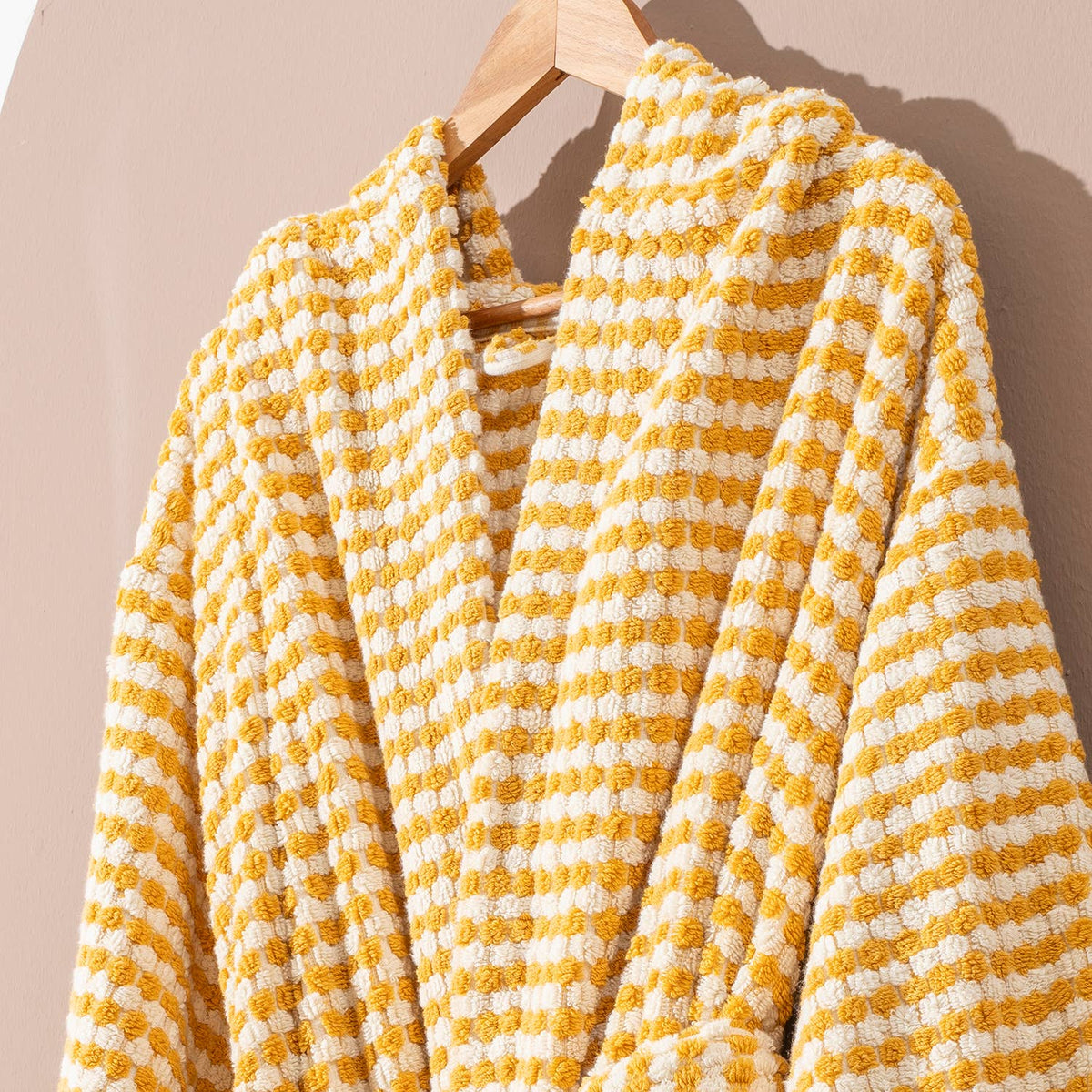 Pompom Turkish bathrobe – Mustard, Hooded, back view | Kikoya