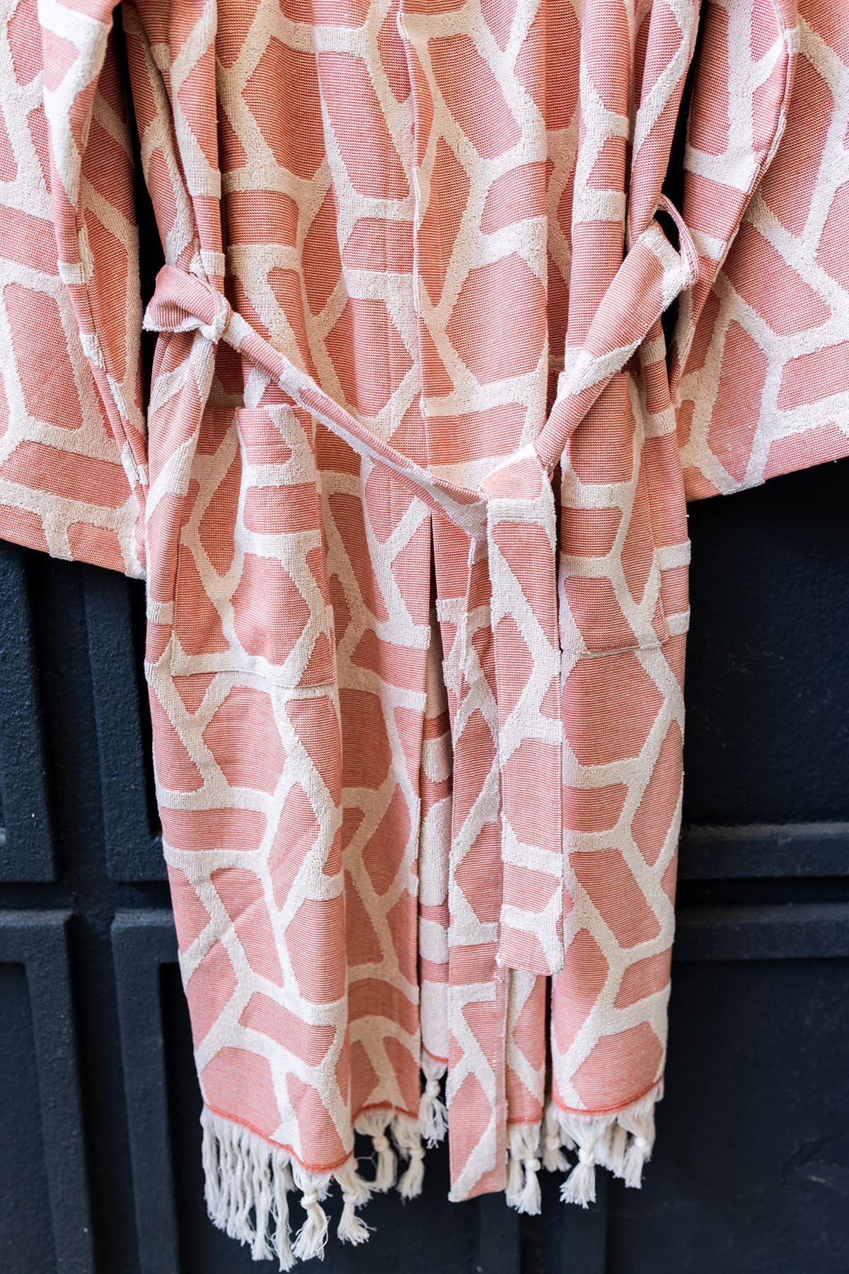 Aztec raised terry Turkish bathrobe in dusty rose, hooded | Kikoya