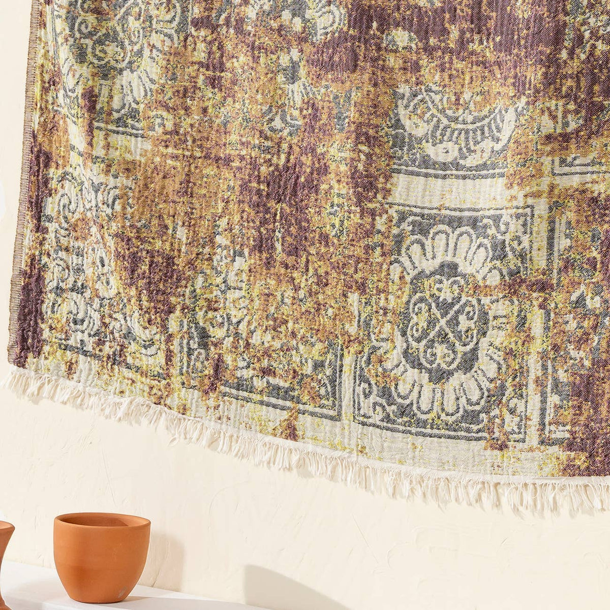 Rustic Turkish cotton throw blanket – vintage medallion, weave detail | Kikoya