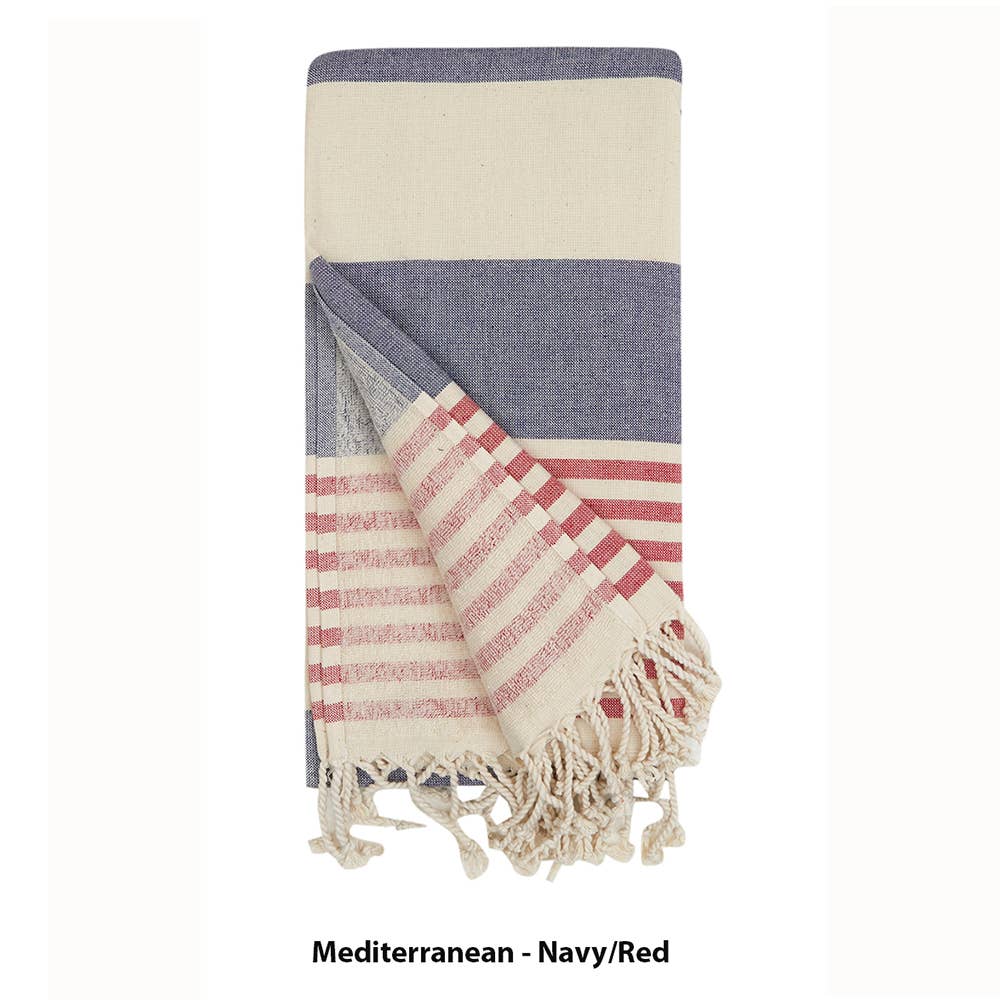 Mediterranean terry-backed Turkish towel in navy and red, 35x70 in | Kikoya