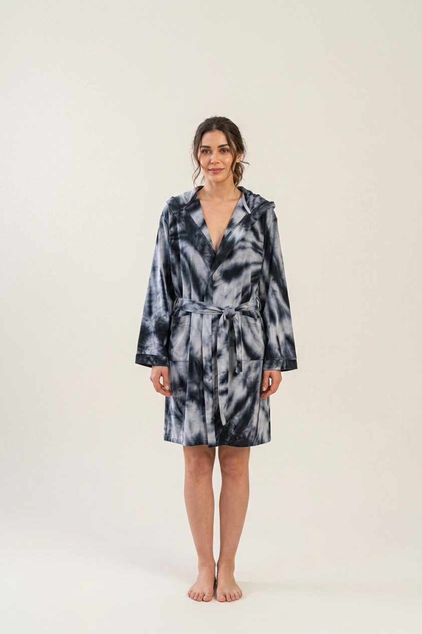 Hand tie-dyed Turkish cotton bathrobe – hooded, belted | Kikoya