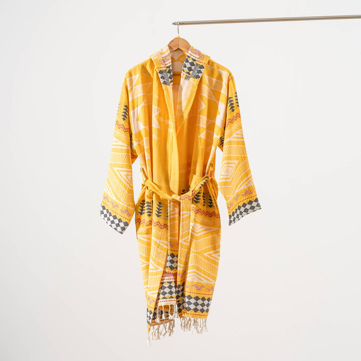 Tribal flat-woven Turkish bathrobe in mustard – kimono, fringed hem | Kikoya