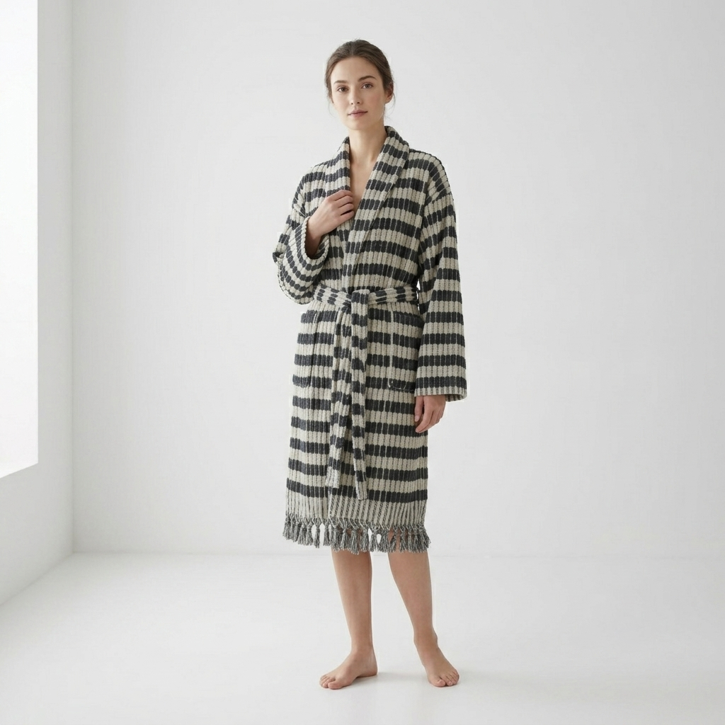 Pompom Turkish bathrobe – Lokum Black & White, Shawl Collar, front view | Kikoya