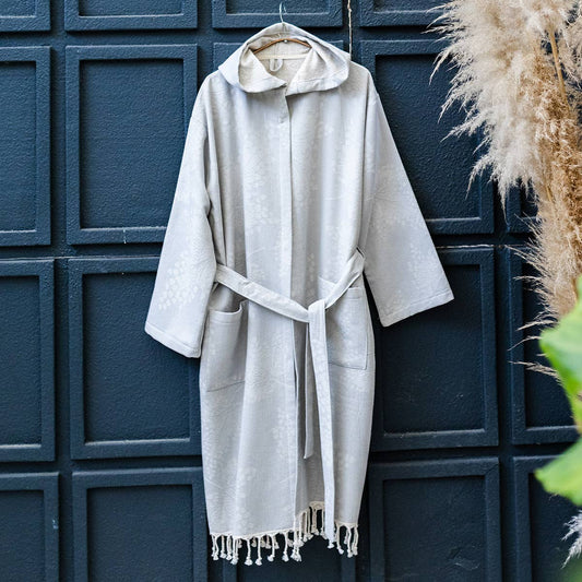 Leaves raised terry Turkish bathrobe, hooded, grey leaf jacquard | Kikoya