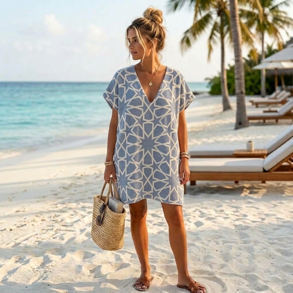 Adult V-neck beach cover-up poncho in Maya Navy, terry-backed Turkish cotton | Kikoya