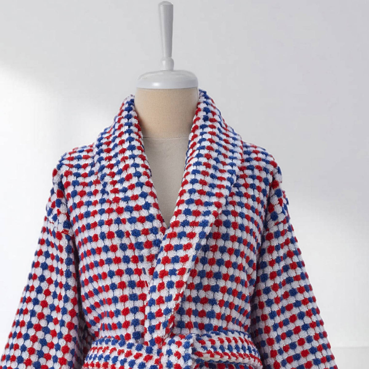 Pompom Turkish bathrobe – Navy & Red, Shawl Collar, styled view | Kikoya