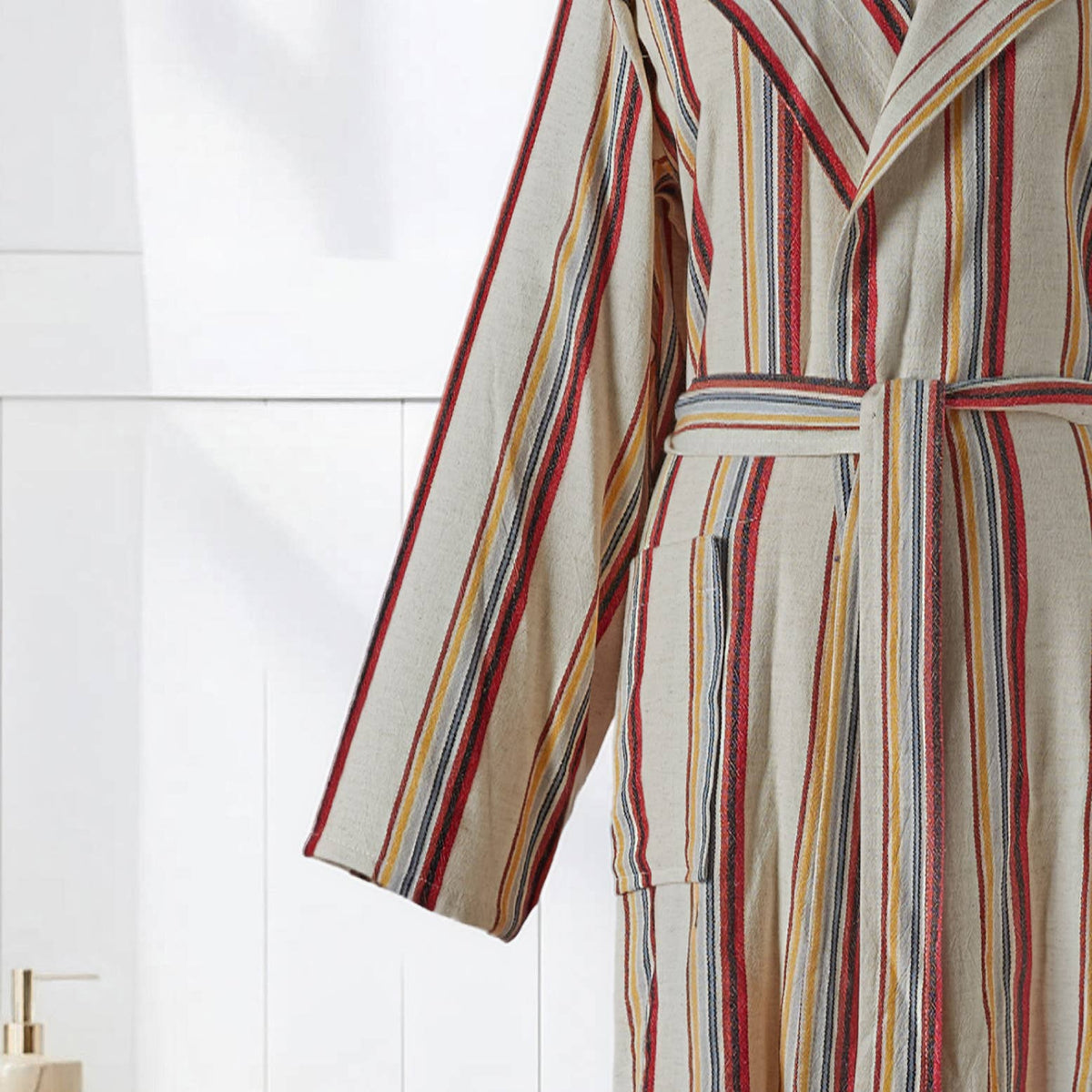 Rainbow linen-cotton Turkish bathrobe – stripe, hooded | Kikoya