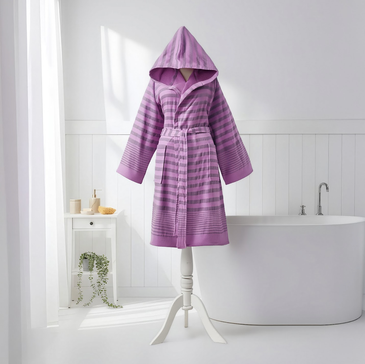 Chakra terry-backed Turkish bathrobe, hooded, tonal ombré stripe | Kikoya
