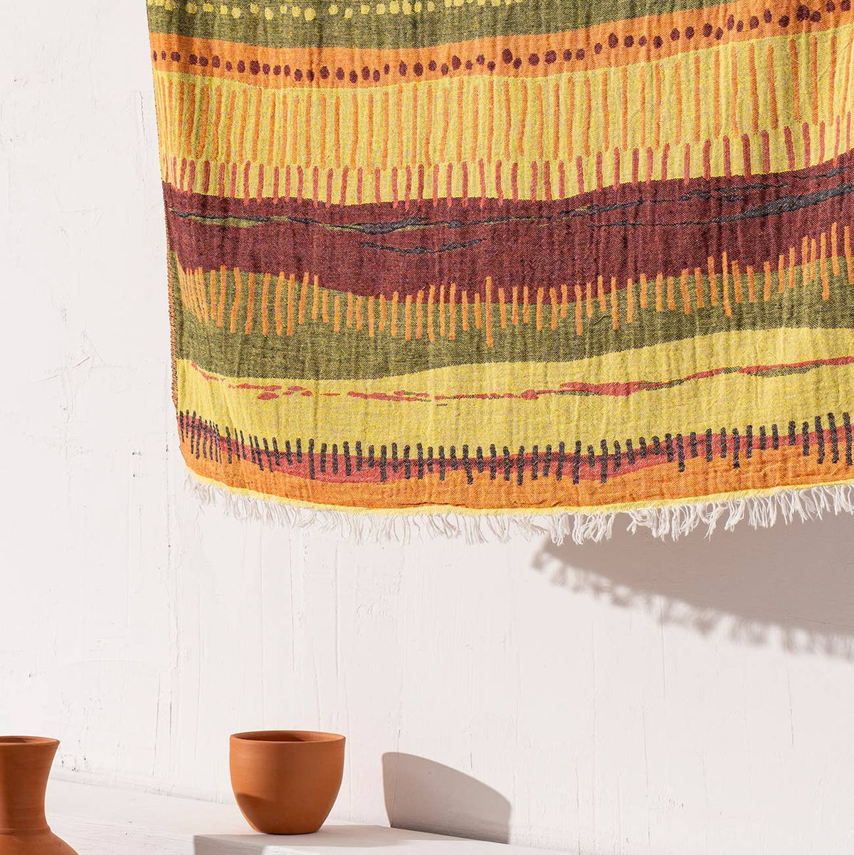 Ethnic jacquard Turkish beach towel in yellow and green, flat-woven | Kikoya