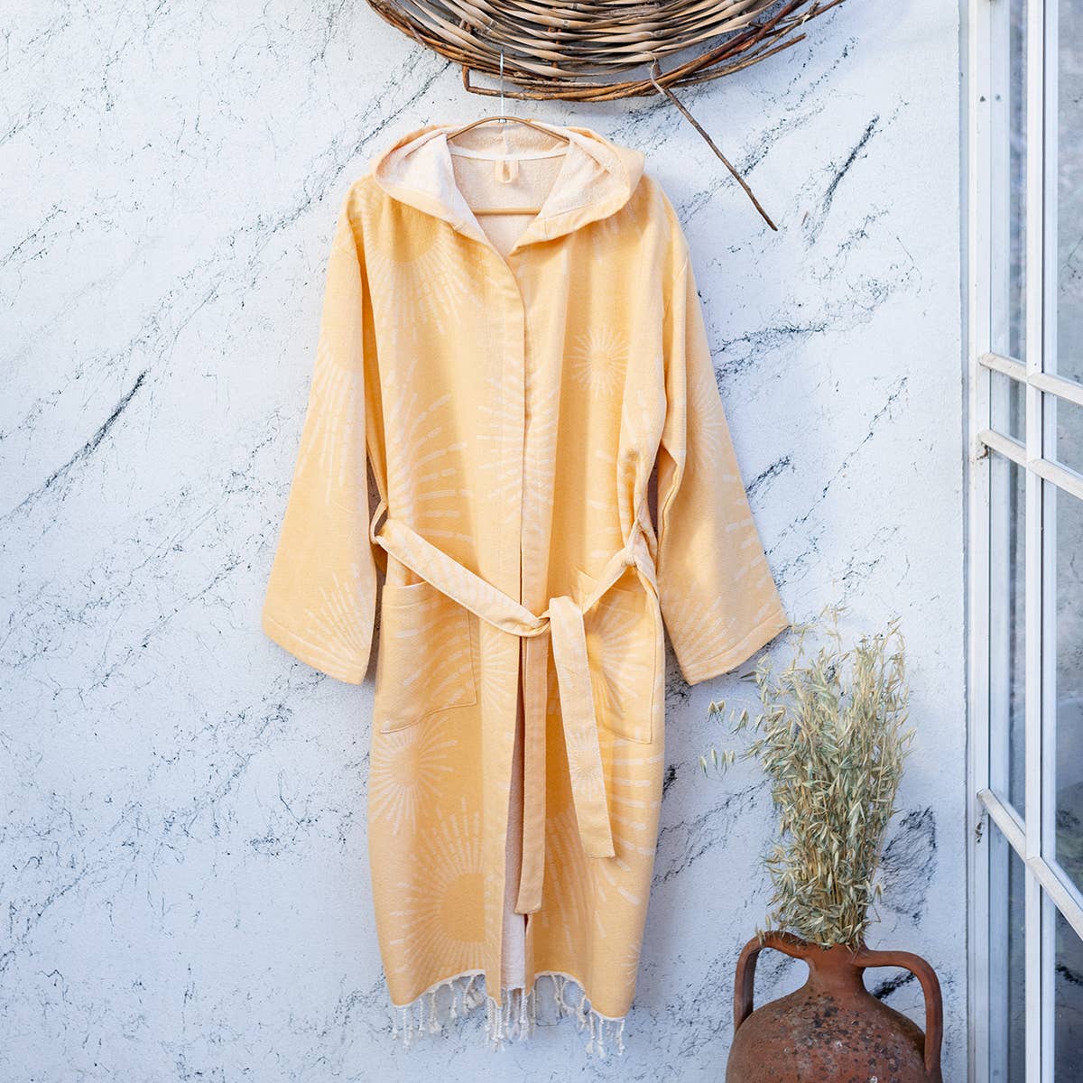 Sunburst terry-backed Turkish bathrobe, hooded, mustard | Kikoya