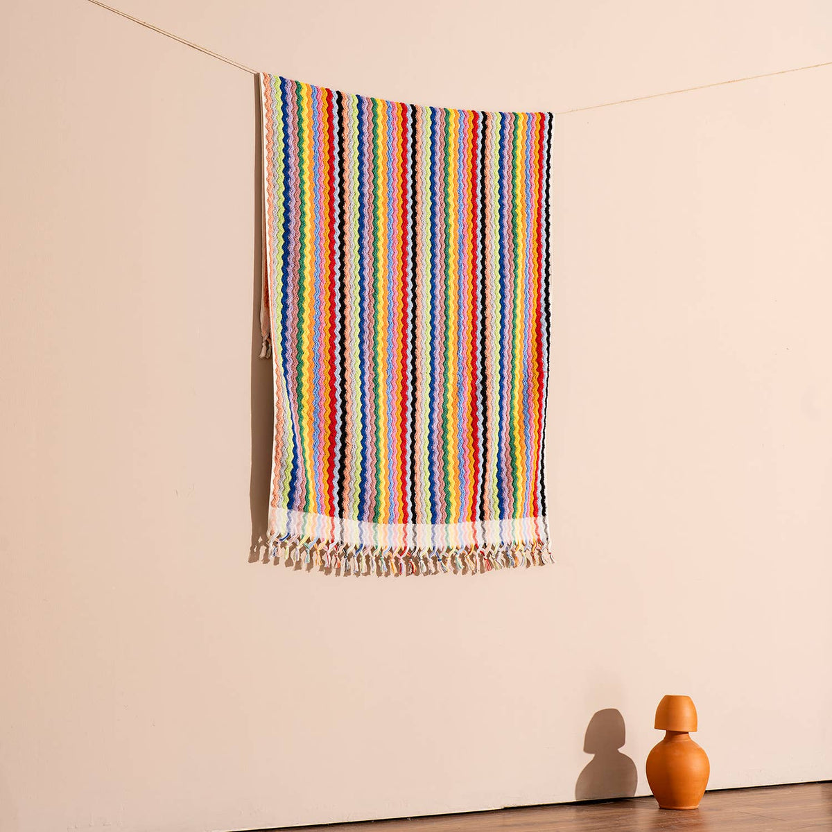 Pompom zigzag Turkish bath towel, 35x68 in, handloomed chevron with pompom fringe | Kikoya