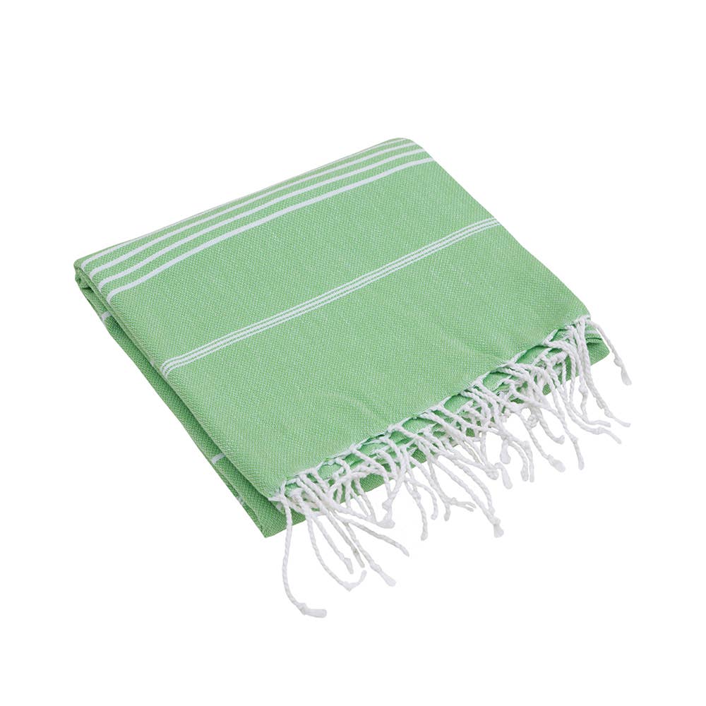Sultan Turkish beach towel – Lawn Green, folded with knotted fringe | Kikoya