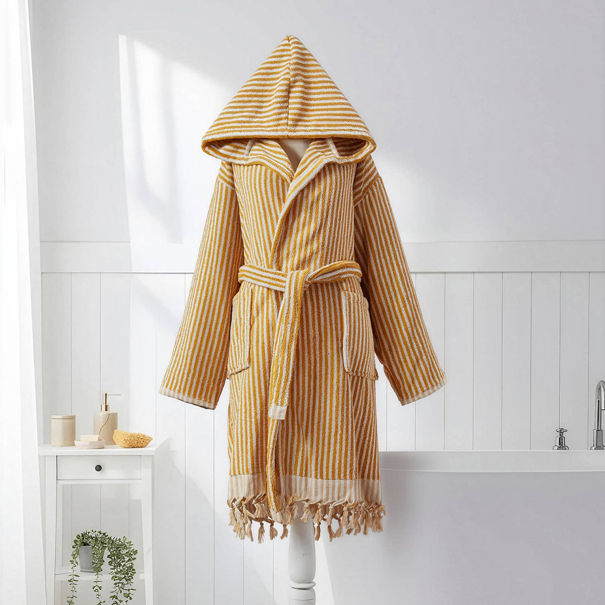 Pompom Turkish bathrobe – Mustard & White Stripe, Hooded, styled view | Kikoya