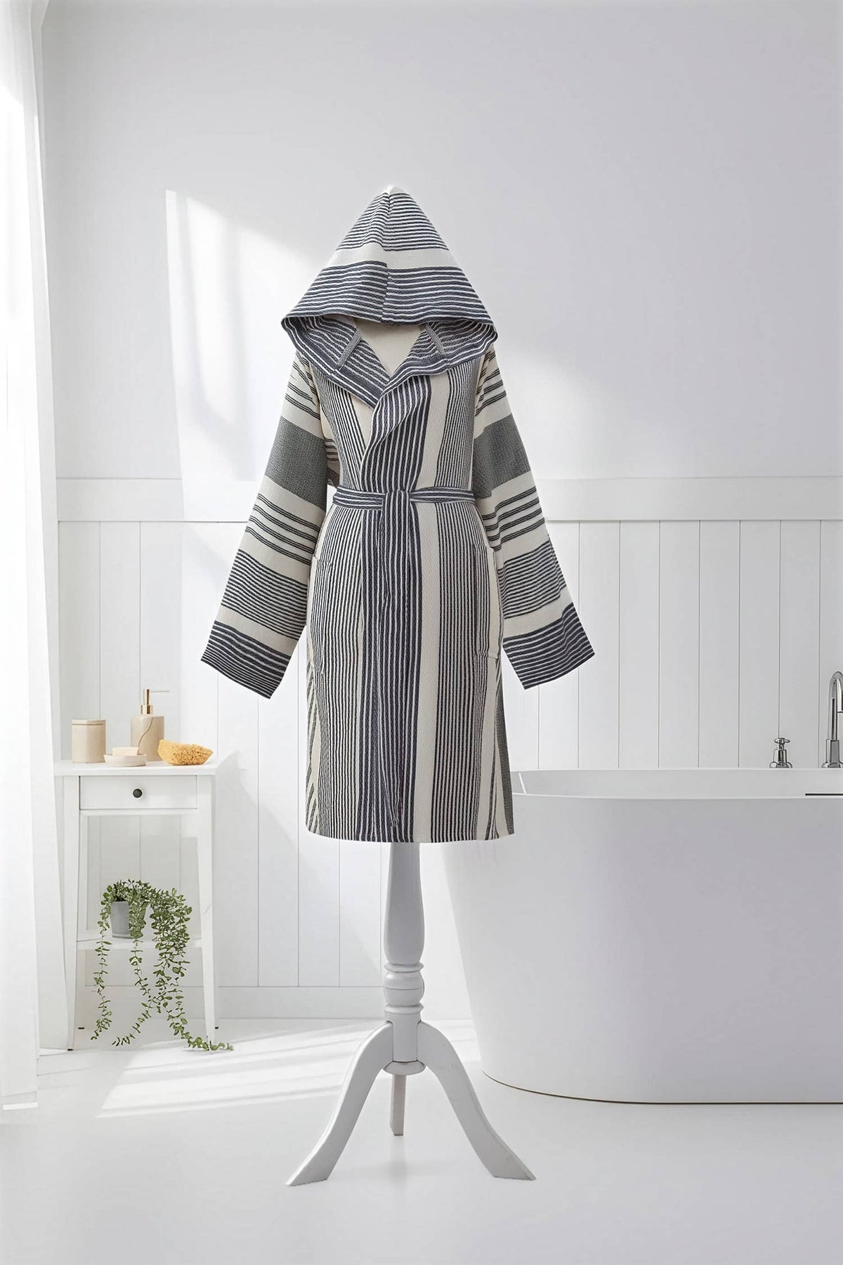 Ribbed Turkish cotton bathrobe – hooded, contrast bands | Kikoya