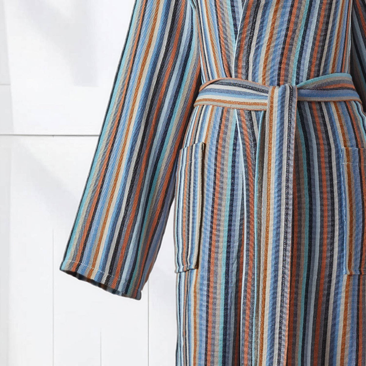 Antique Turkish hooded bathrobe – Charcoal & Teal Stripe | Kikoya