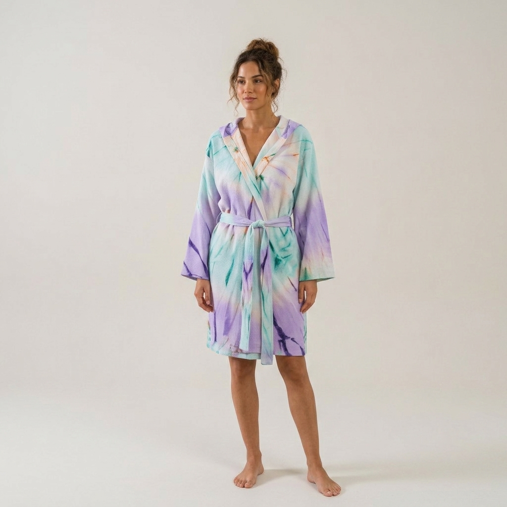 Hand tie-dyed Turkish cotton bathrobe – hooded, belted | Kikoya