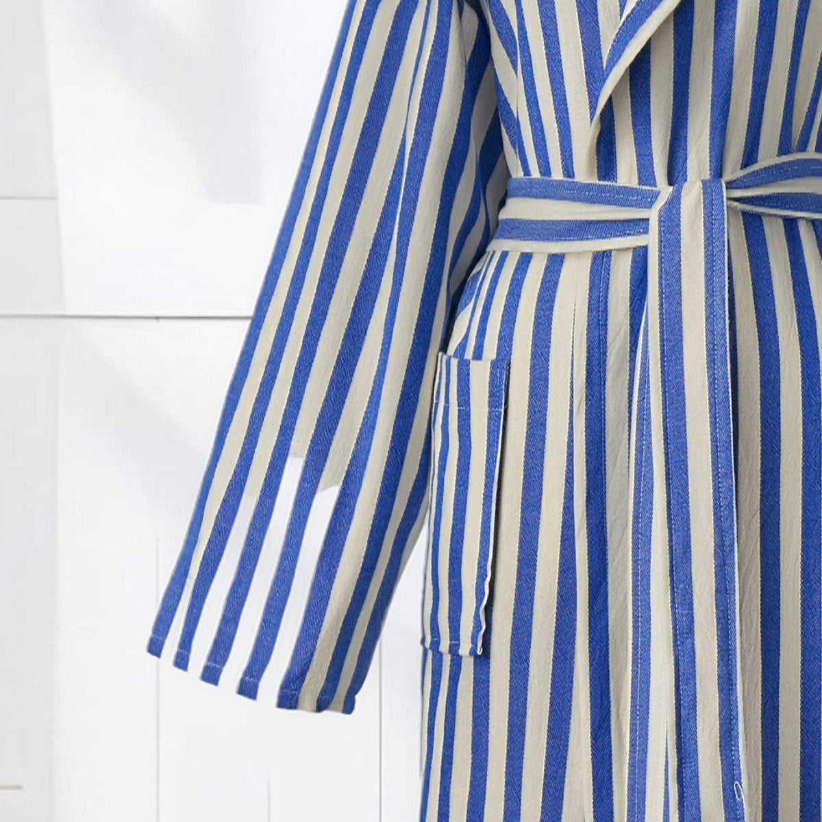 Zebra stripe Turkish hooded bathrobe – Blue & Cream, sleeve and tie belt | Kikoya
