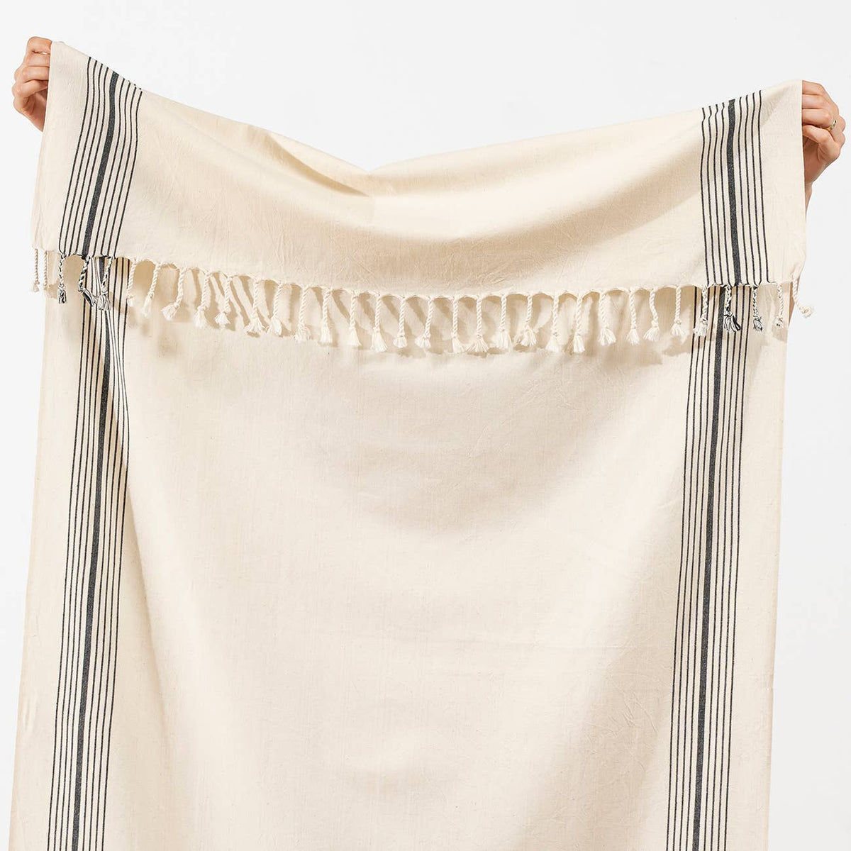 Paola honeycomb Turkish beach towel, cream with grey and navy stripe | Kikoya