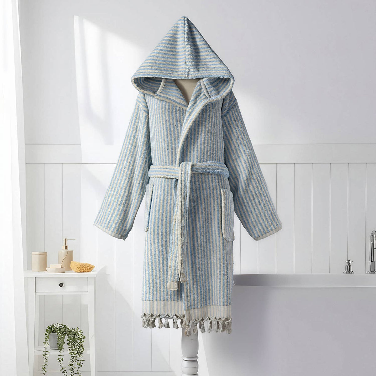 Pompom Turkish bathrobe – Baby Blue & White Stripe, Hooded, front view | Kikoya