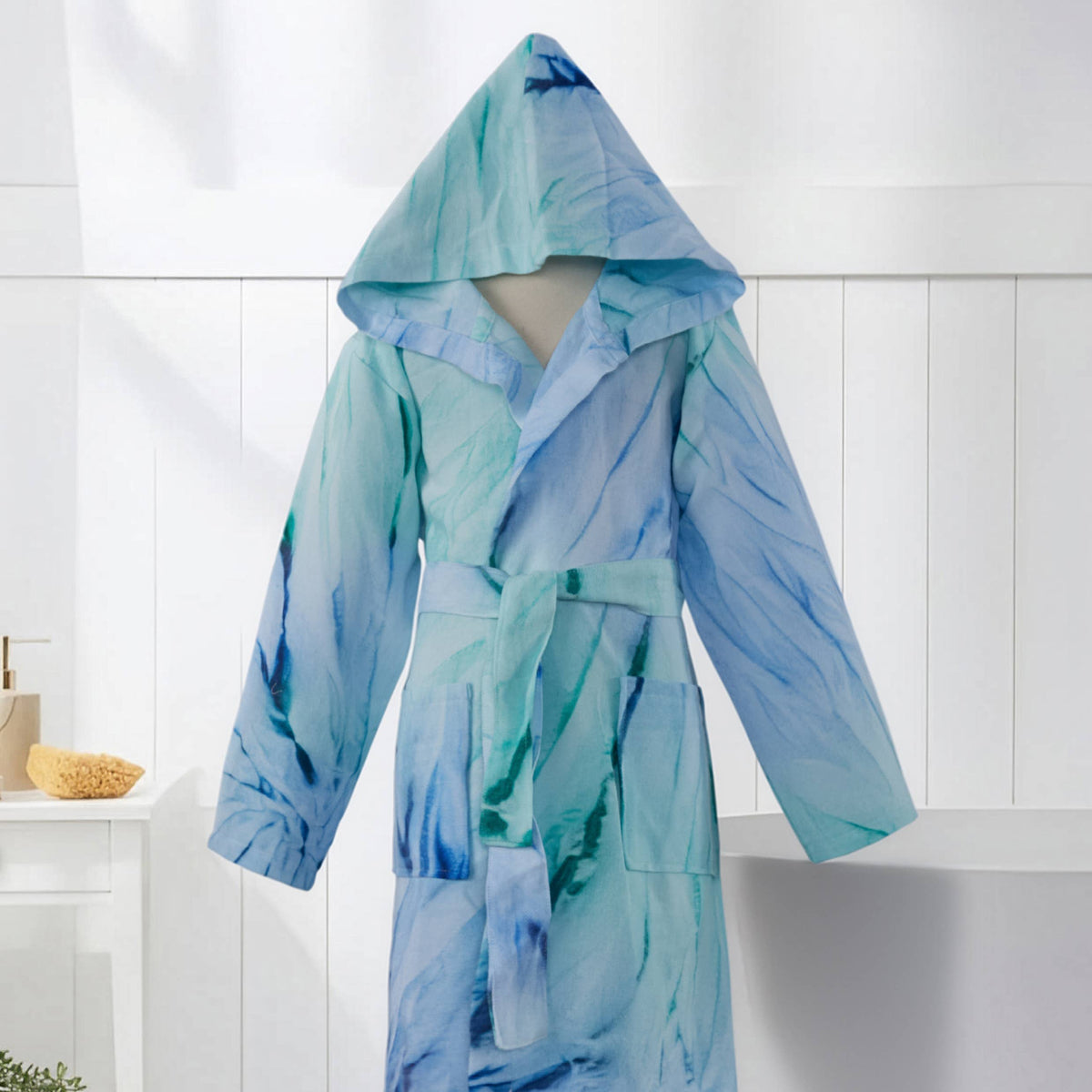 Hand tie-dyed kids Turkish bathrobe – hooded, ages 5-8 | Kikoya