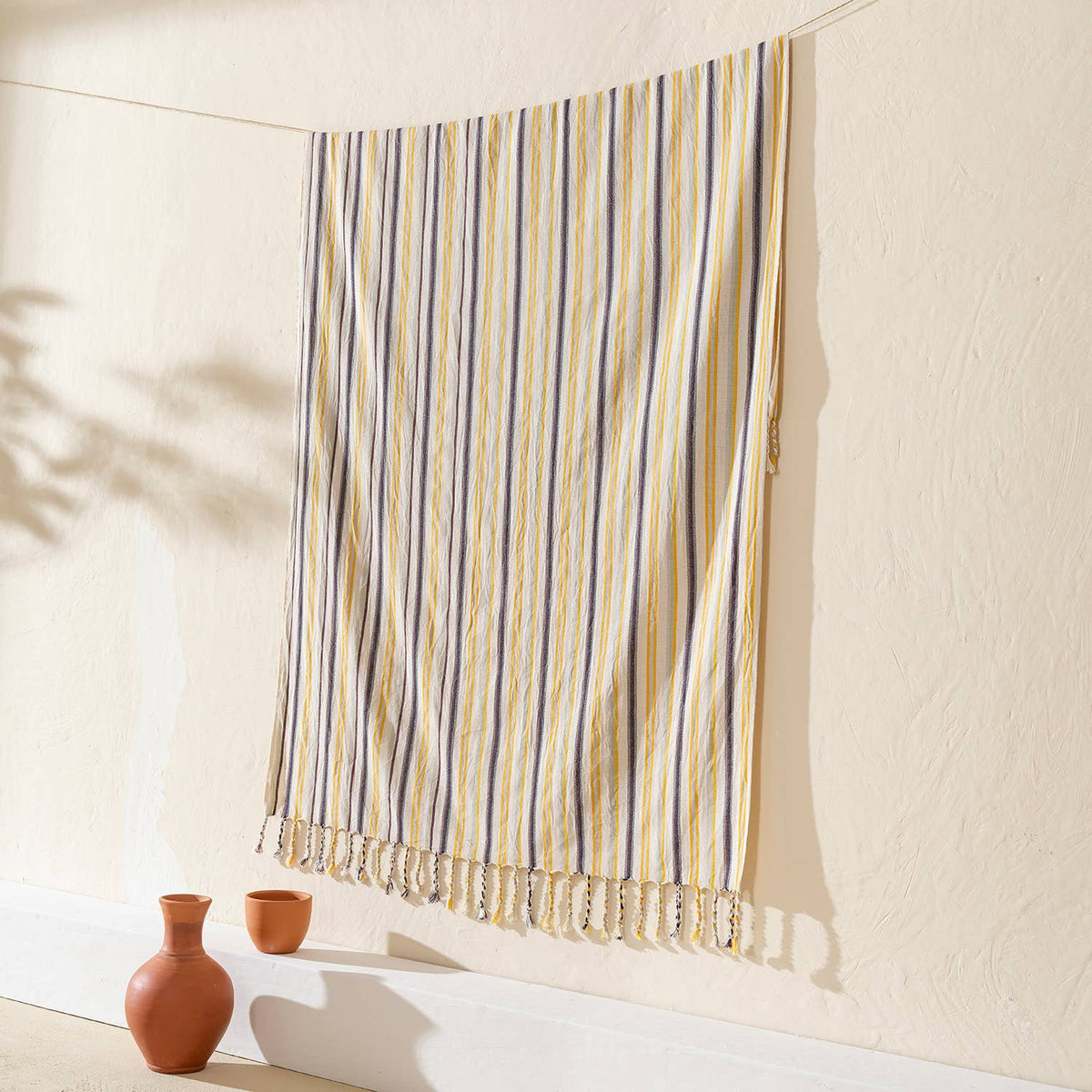 Lemon & Plum Stripe peshtemal, knotted fringe detail | Kikoya