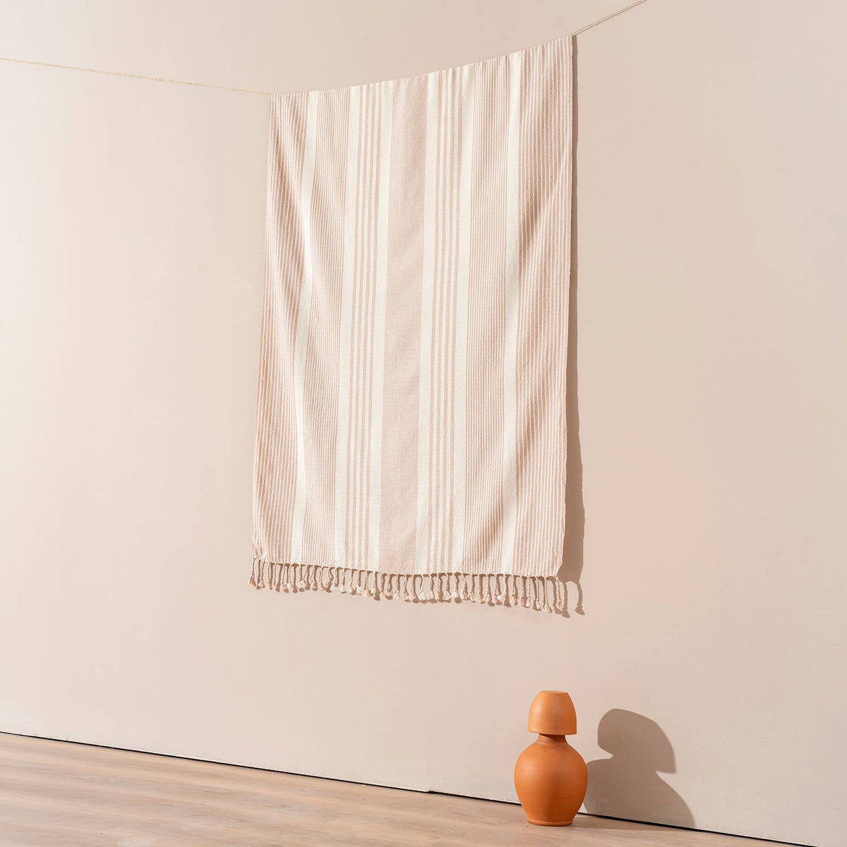 Zebra stripe Turkish beach towel in beige on cream, 33x66 in, flat-woven | Kikoya