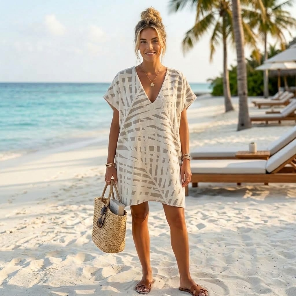 Adult V-neck beach cover-up poncho in Fronds Brown, terry-backed Turkish cotton | Kikoya