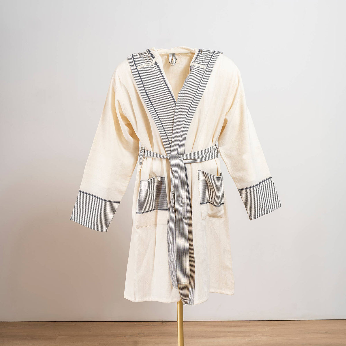 Hammam Turkish bathrobe – navy stripe, hooded | Kikoya