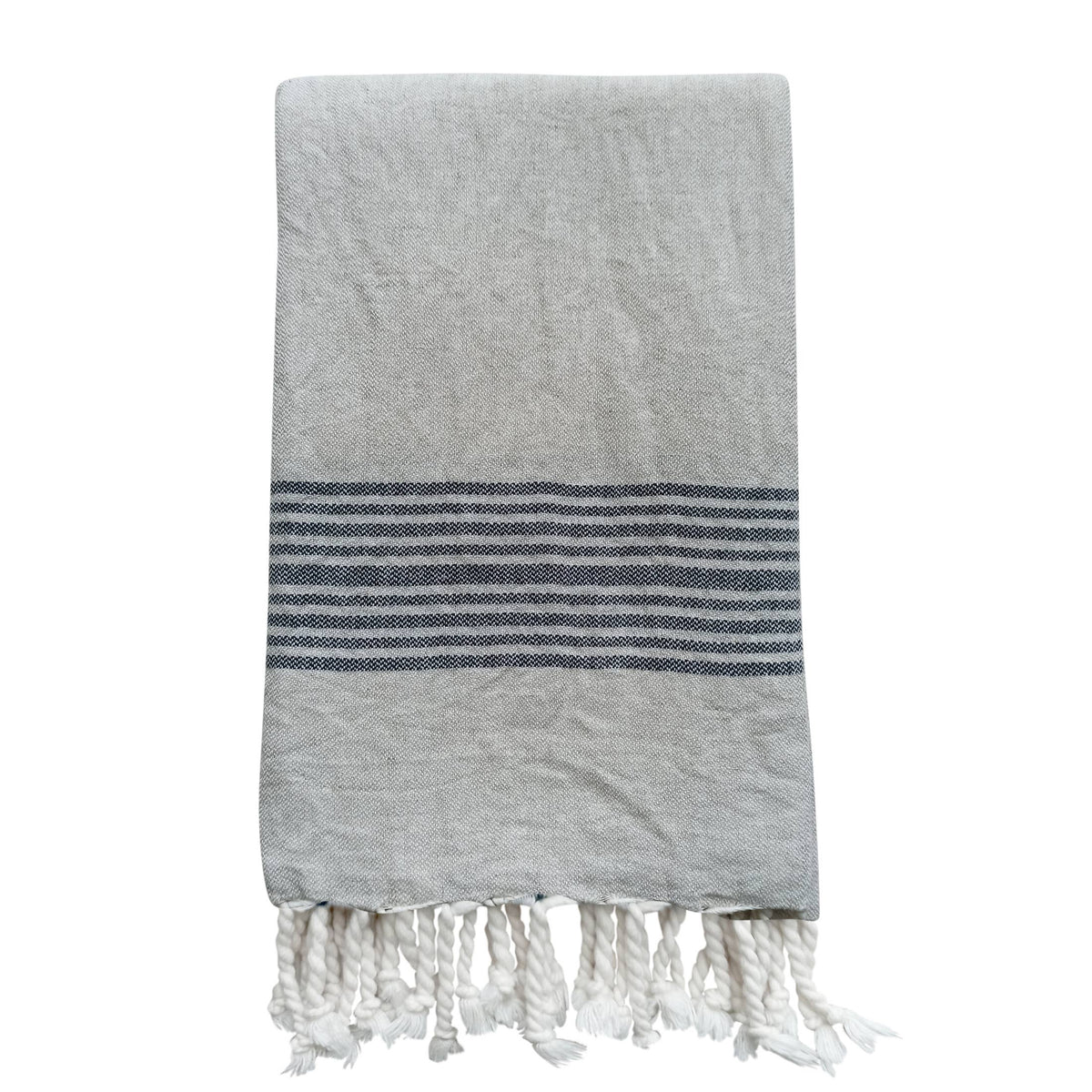 Linen-cotton Turkish towel with tonal stripe band and tassels, 33x67 in | Kikoya