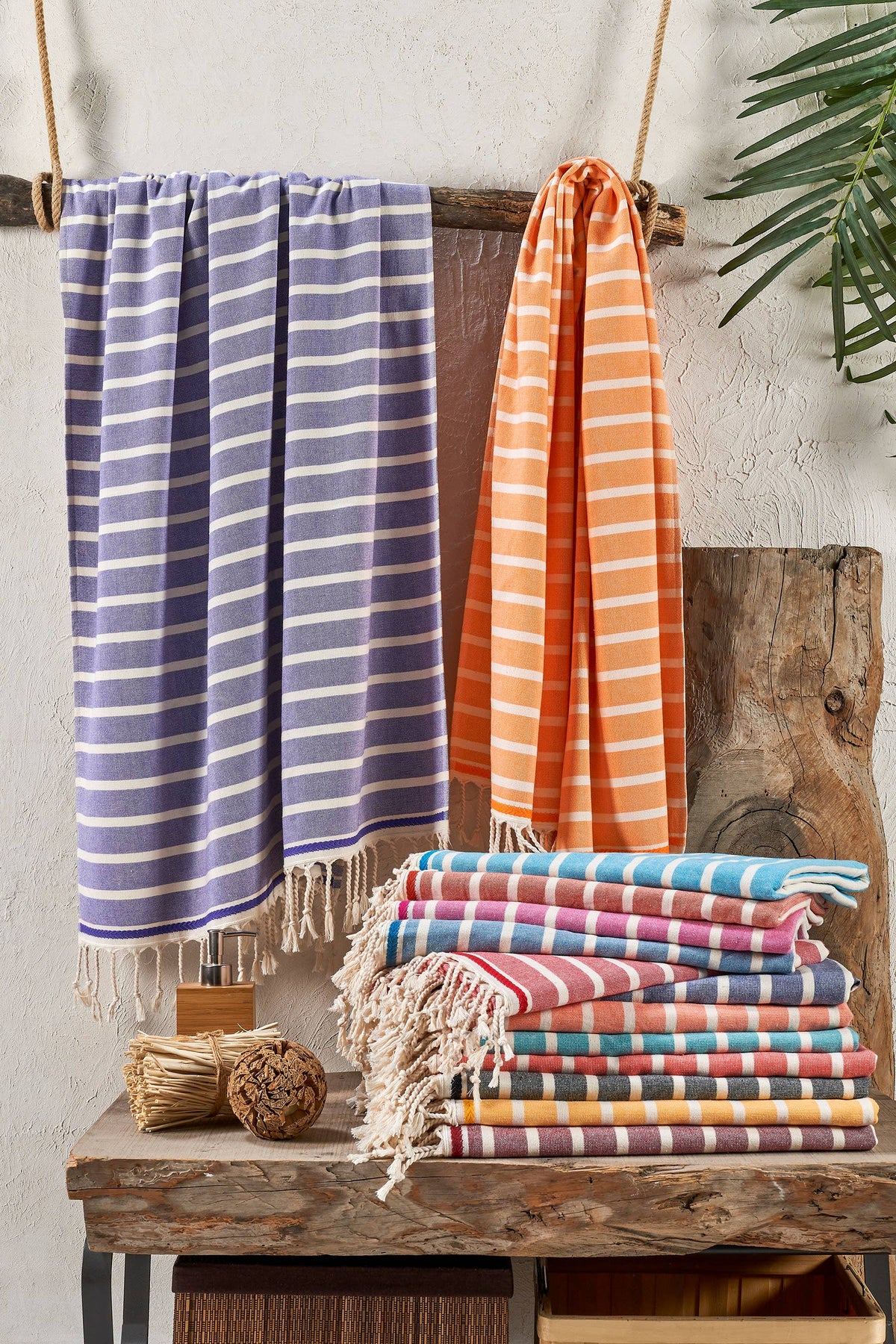 Terry-backed Turkish towel in a two-tone stripe, 33x66 in | Kikoya