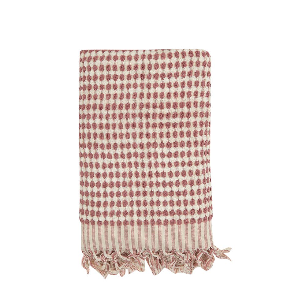 Pompom handloomed Turkish bath towel, 35x68 in, bubble weave with pompom fringe | Kikoya