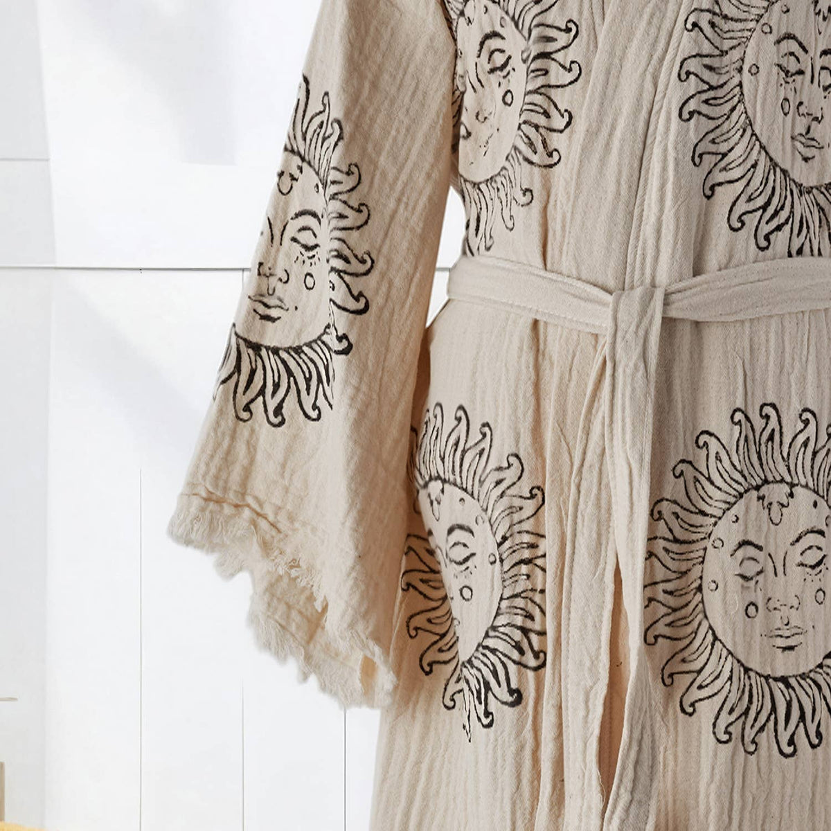 Block-print Turkish cotton kimono robe – Sun Face Black | Kikoya