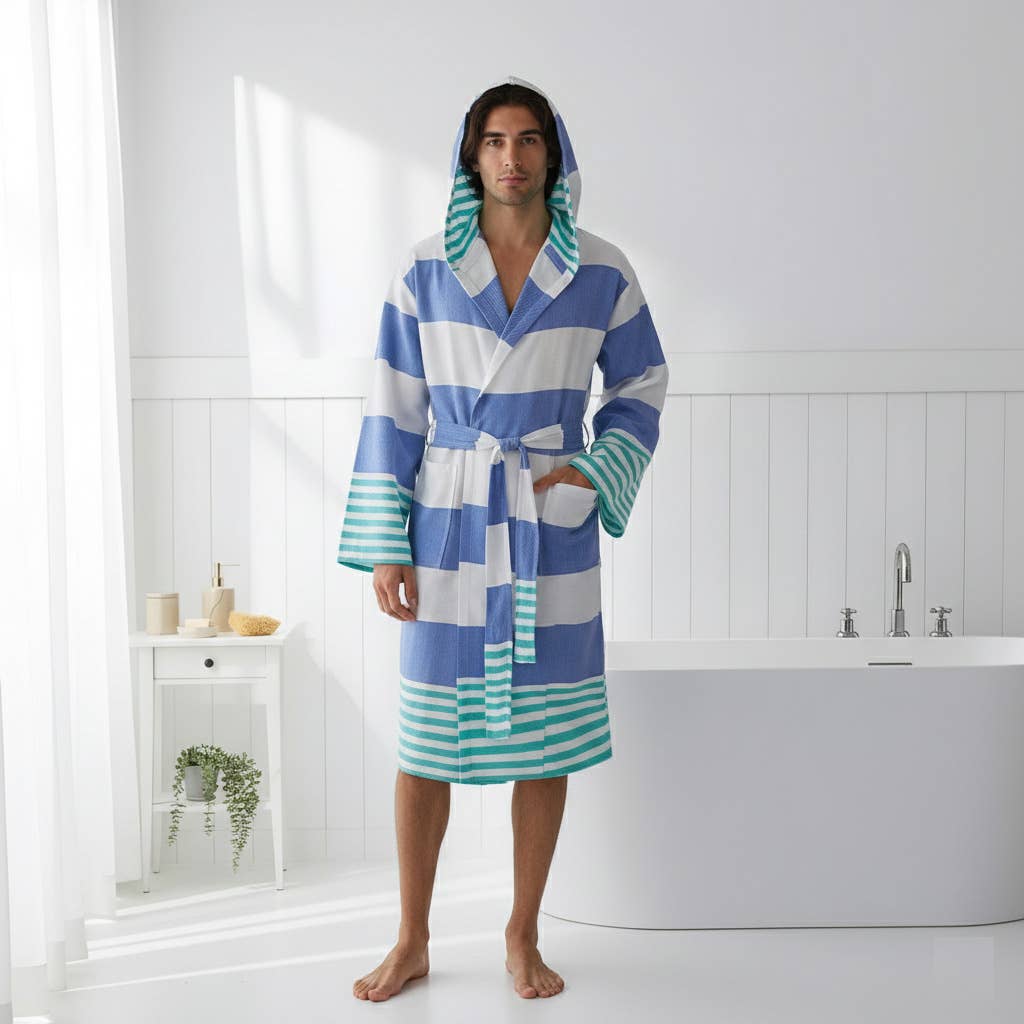Mediterranean Turkish bathrobe – blue and green block stripe, hooded | Kikoya
