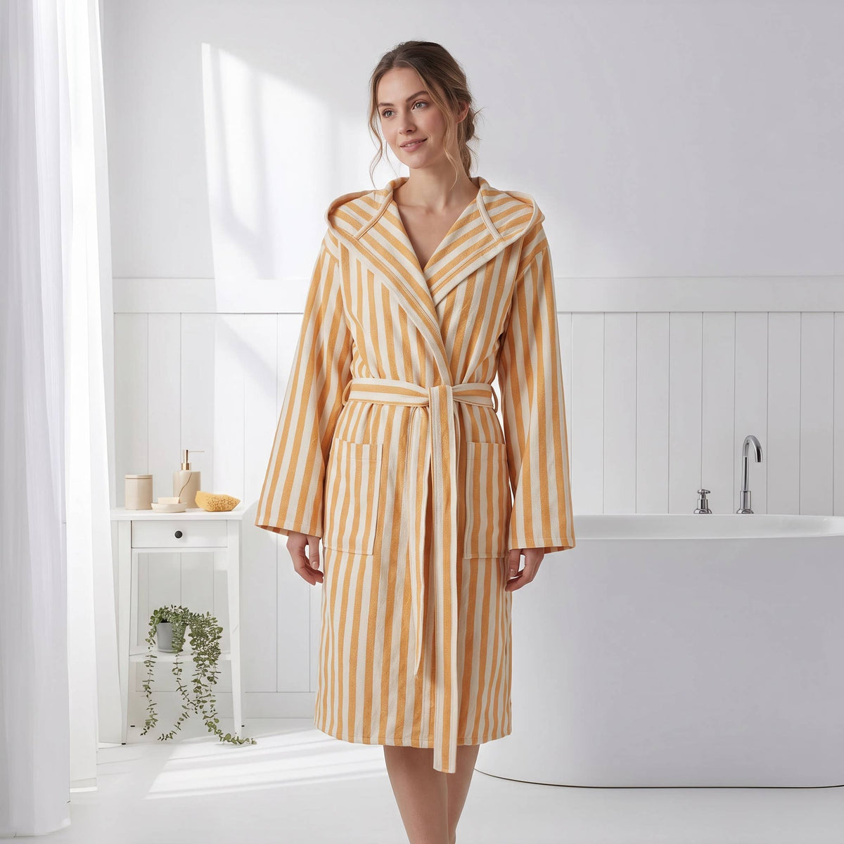 Zebra stripe Turkish hooded bathrobe – Yellow & Cream | Kikoya