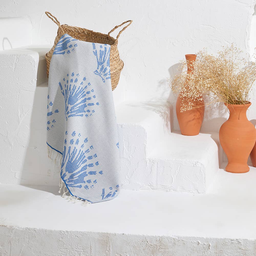 Pearls Turkish towel with coral-sprig jacquard and terry back, 35x70 in | Kikoya