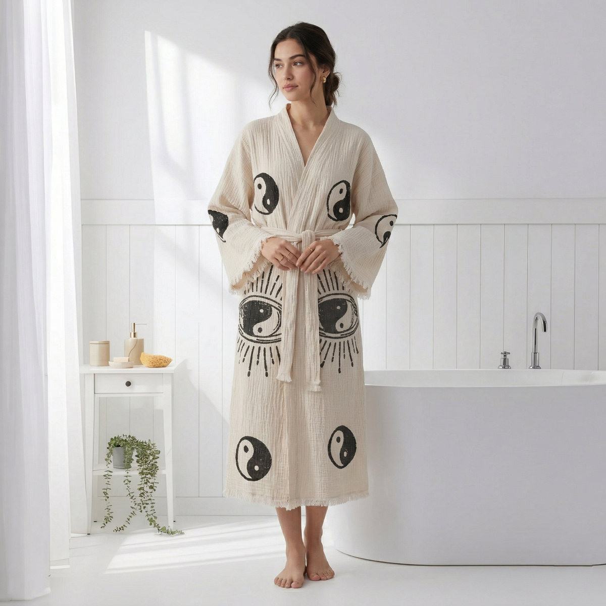 Block-print Turkish cotton kimono robe – Yin Yang Black | Kikoya