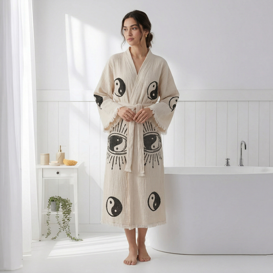 Block-print Turkish cotton kimono robe – Yin Yang Black | Kikoya