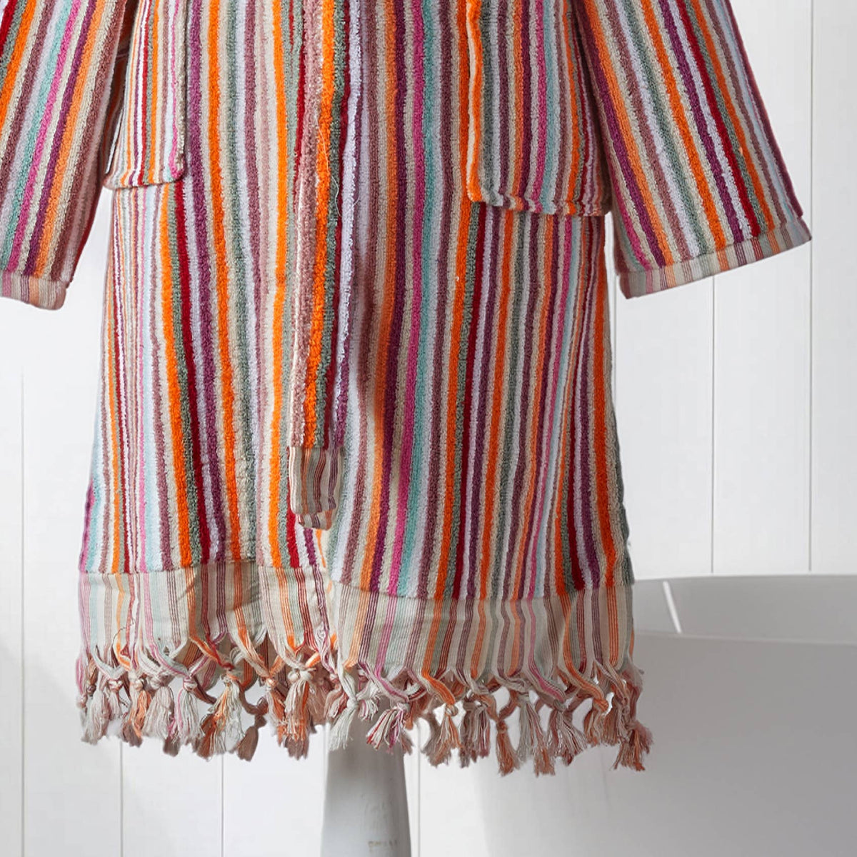 Pompom Turkish bathrobe – Pink Multi Stripe, Shawl Collar, texture detail | Kikoya