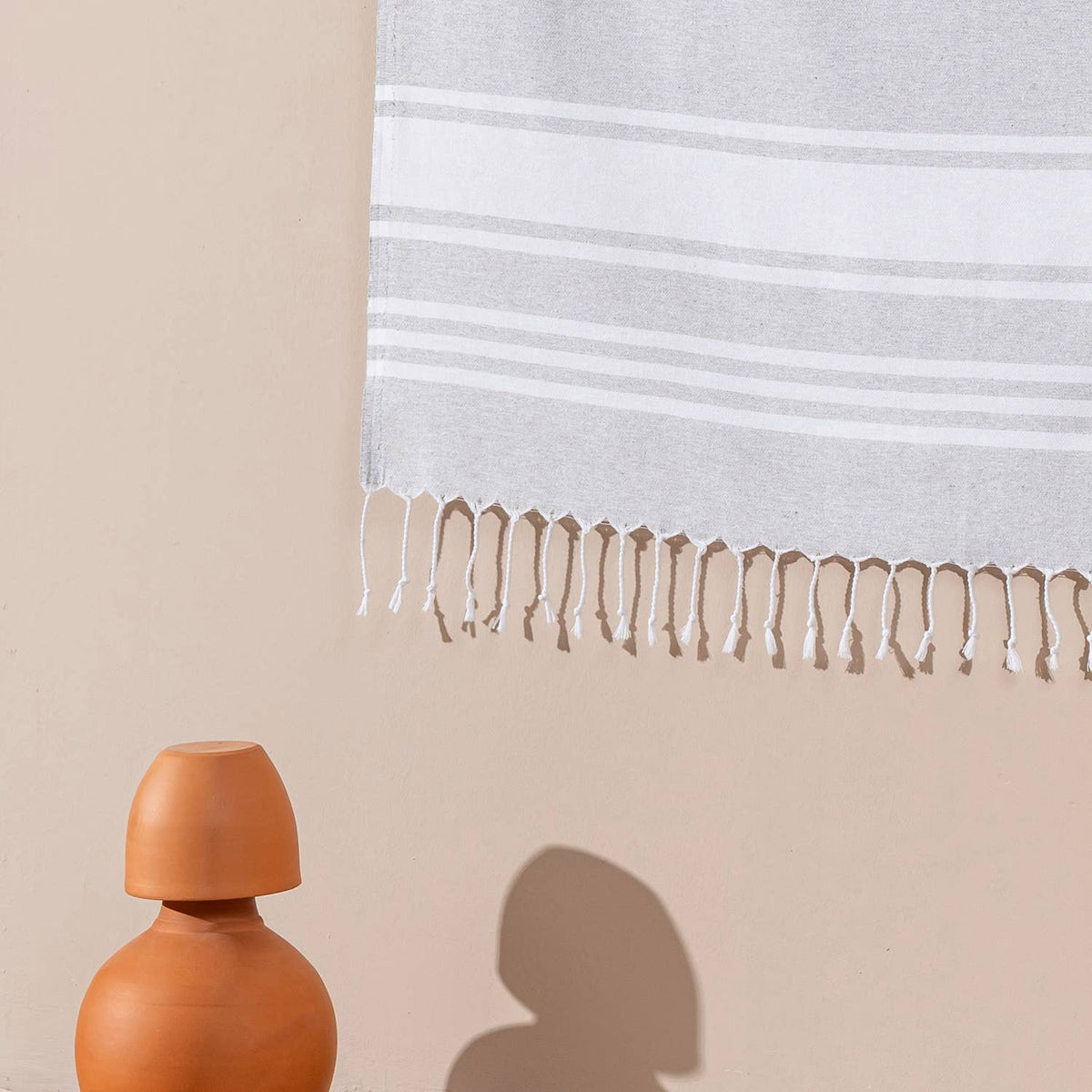Fine stripe Turkish beach towel on cream, 33x66 in, flat-woven peshtemal | Kikoya