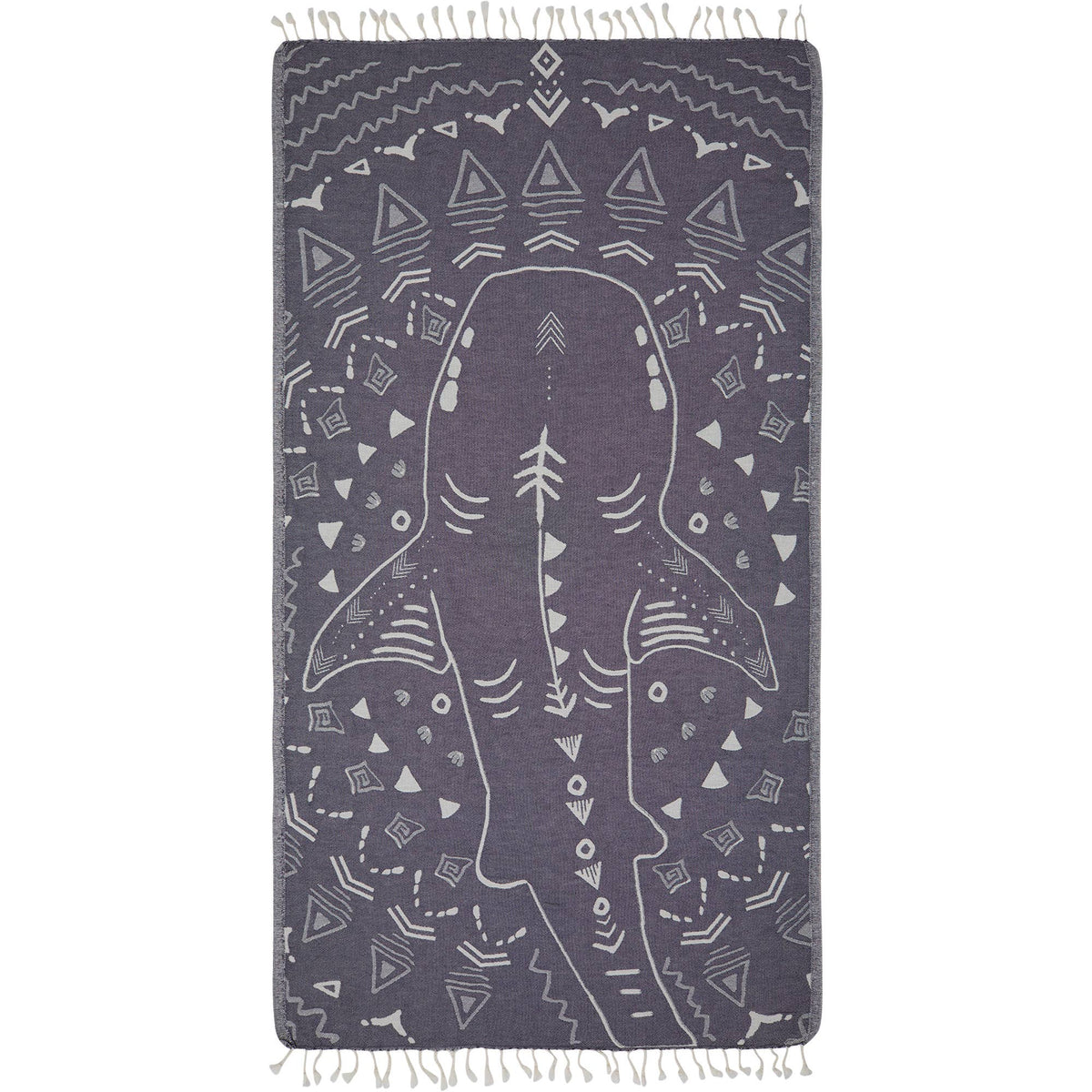 Shark jacquard Turkish beach towel, 35x70 in, flat-woven with knotted fringe | Kikoya