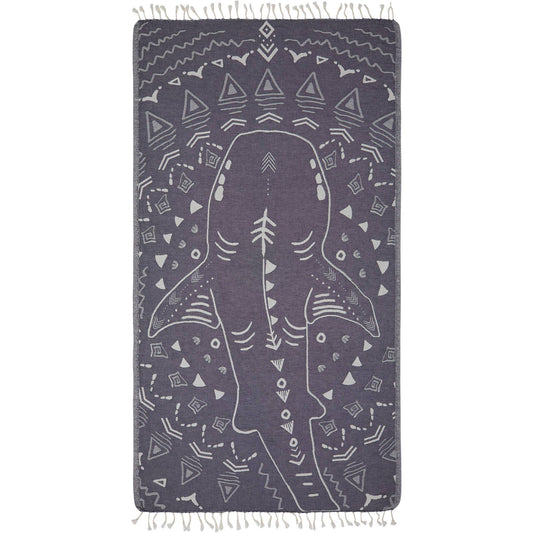 Shark jacquard Turkish beach towel, 35x70 in, flat-woven with knotted fringe | Kikoya